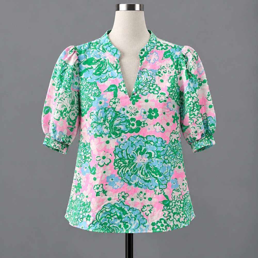 Lilly Pulitzer Brinelle Top Womens S Pink Green Floral Puff Sleeve V Neck Blouse